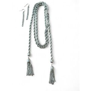 Bell Tassel Silver Tone Rope Necklace With Matching Double Chain Earrings 44"